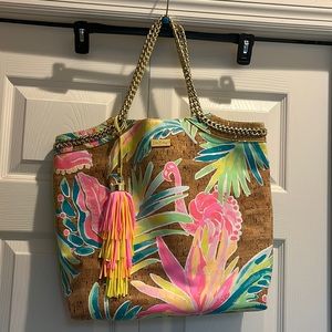 Lilly Pulitzer reversible seaside cork tote bag with gold chain handles